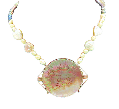 925 Sterling Silver Vintage Pearls & Abalone Cat Face Chain Necklace  NE3098