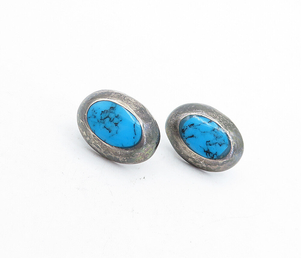 MEXICO 925 Sterling Silver  Vintage Inlaid Turquoise Oval Drop Earrings EG2688