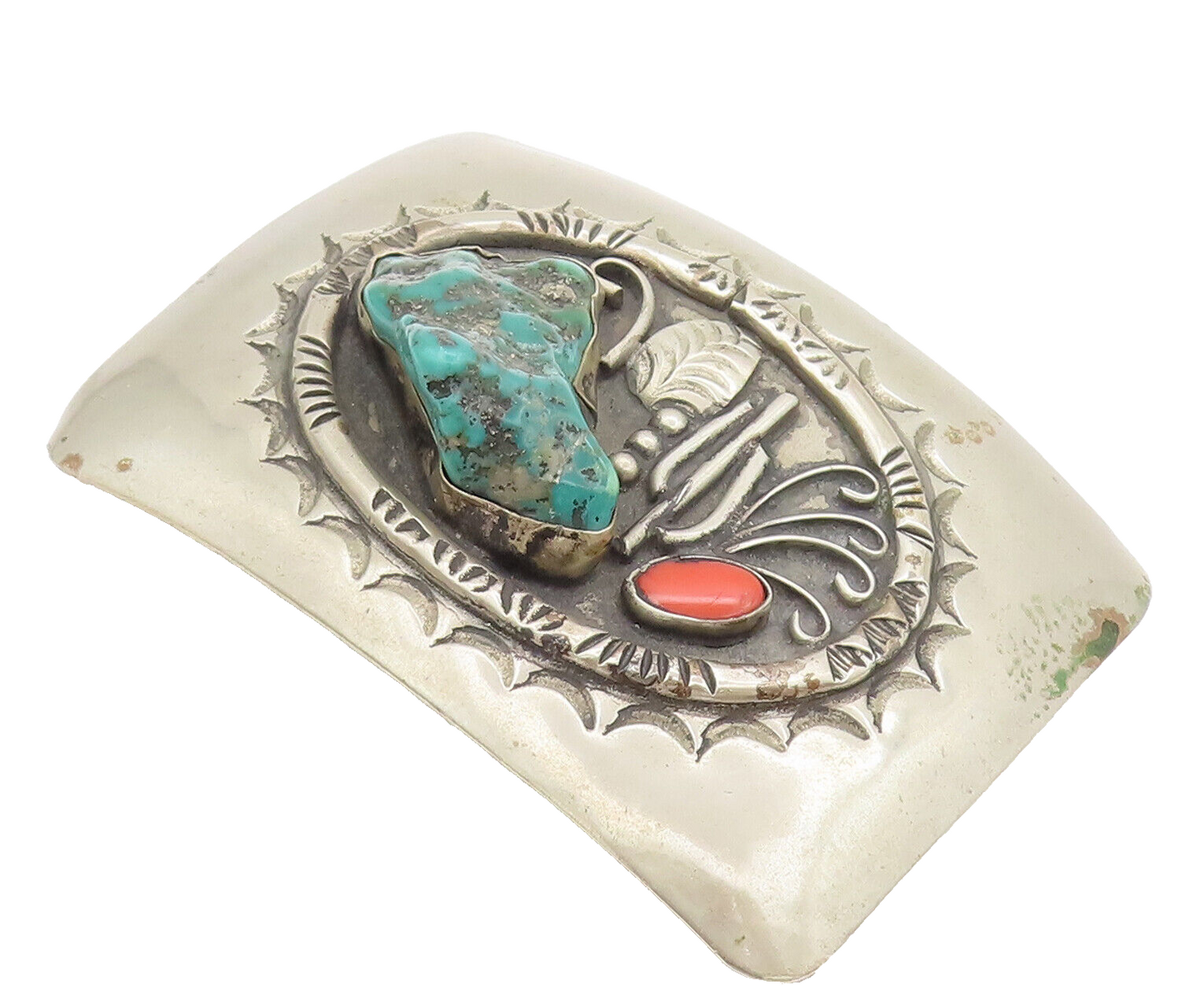 ZUNI NAVAJO 925 Silver  Vintage Large Carved Turquoise Belt Buckle  TR3537