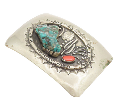 ZUNI NAVAJO 925 Silver  Vintage Large Carved Turquoise Belt Buckle  TR3537