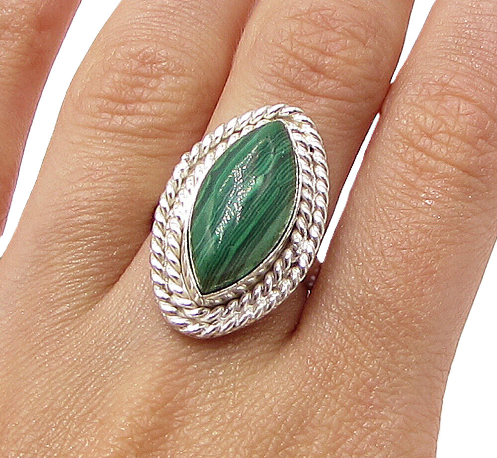 925 Sterling Silver  Cabochon Cut Malachite Solitaire Ring Sz 7  RG3199