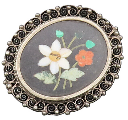 925 Sterling Silver  Vintage Spiral Twist Edge Floral Mosaic Brooch Pin BP9693