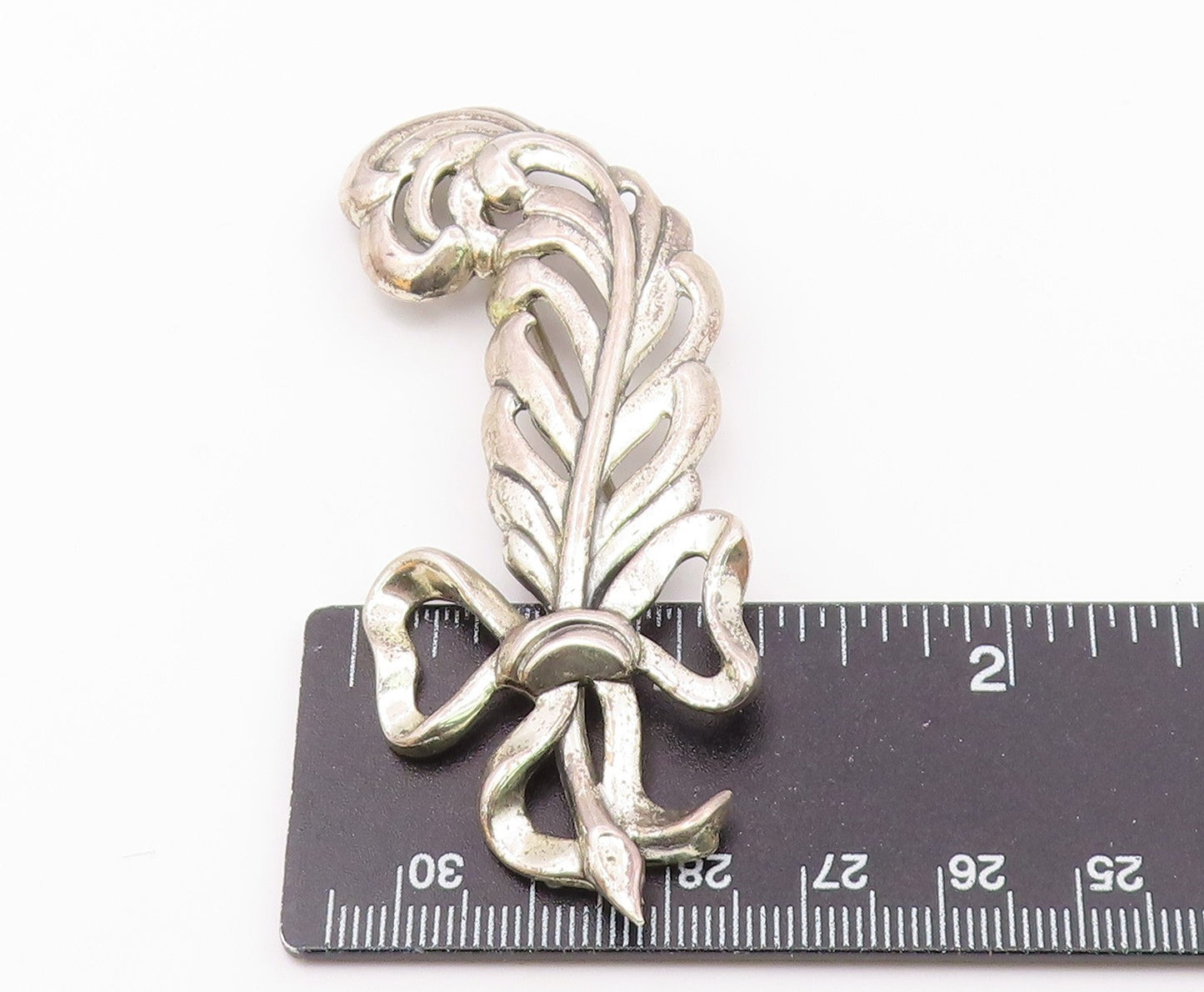925 Sterling Silver  Vintage Shiny Bow Tied Ribbon Feather Brooch Pin  BP3641