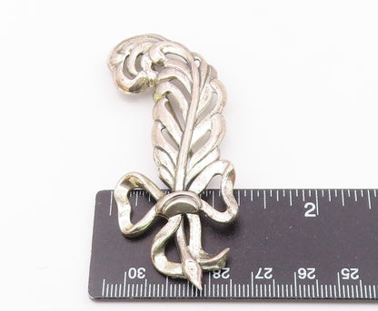 925 Sterling Silver  Vintage Shiny Bow Tied Ribbon Feather Brooch Pin  BP3641