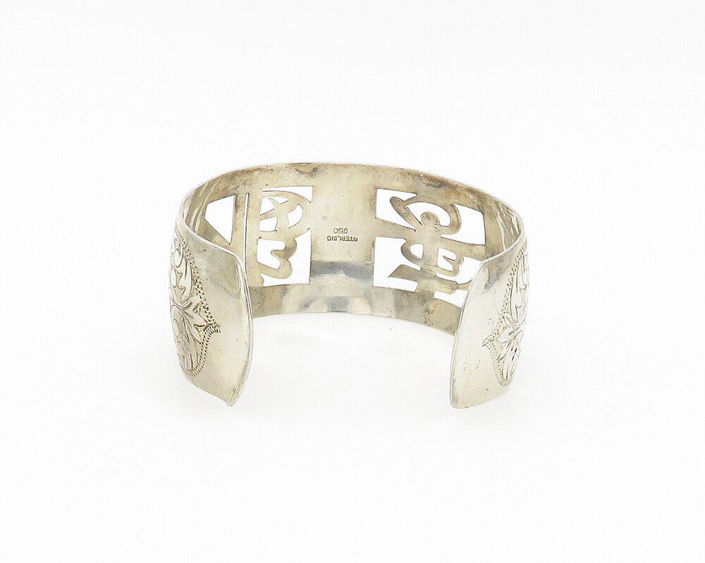 CHINESE 925 Sterling Silver Vintage Floral Vine Etched Cuff Bracelet  BT7088