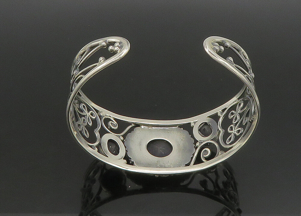 925 Sterling Silver   Vintage Blue Stone Floral Vine Cuff Bracelet  BT9088