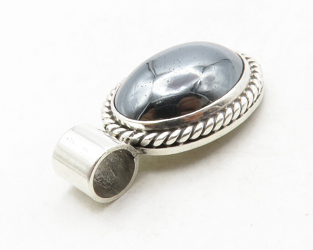 MEXICO 925 Silver  Vintage Cabochon Cut Hematite Shiny Twist Pendant  PT10451