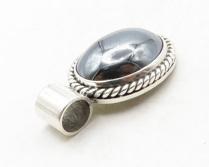 MEXICO 925 Silver  Vintage Cabochon Cut Hematite Shiny Twist Pendant  PT10451