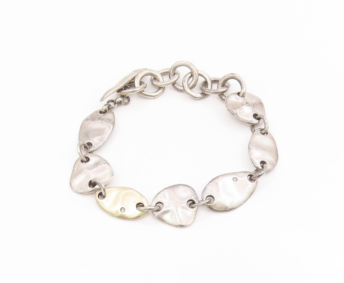 925 Sterling Silver Vintage Bracelet Real Diamonds Modernist Disc Link  BT11706