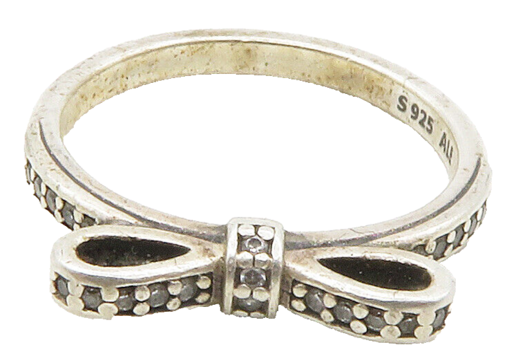 PANDORA 925 Sterling Silver  Vintage Topaz Ribbon Bow Band Ring Sz 7  RG15193