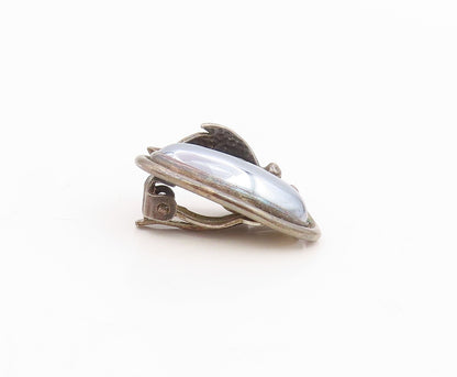 925 Sterling Silver Vintage Earrings Hematite Carved Leaf Motif Clip On  EG14102