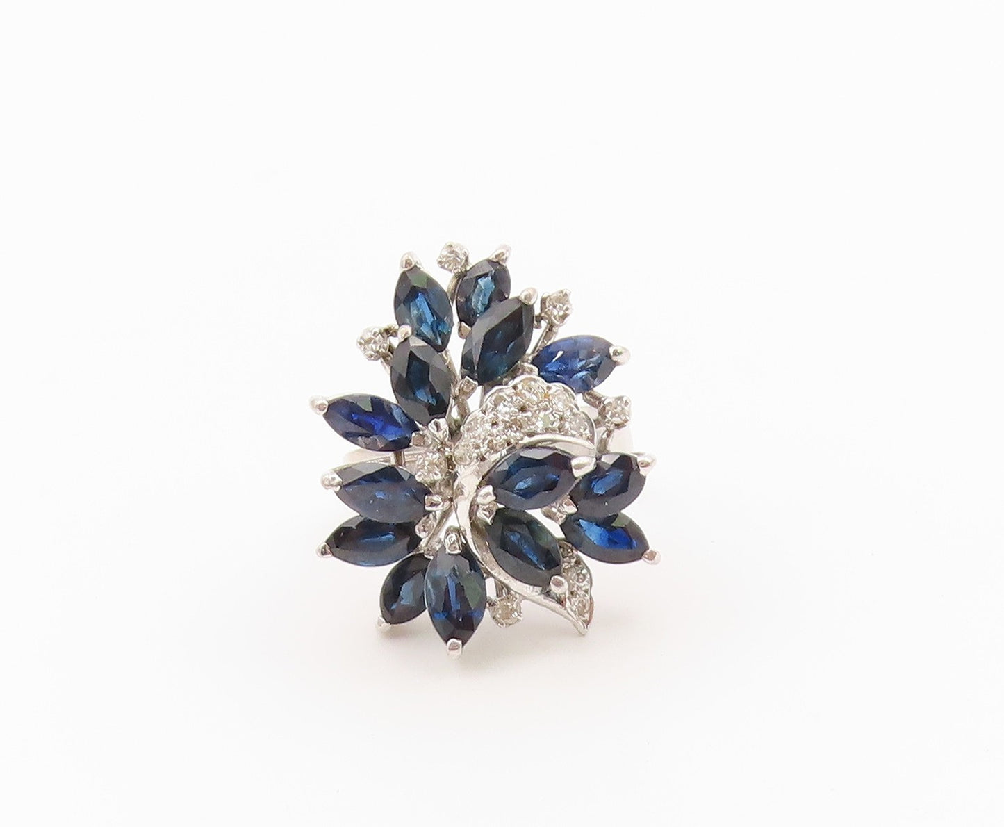925 Sterling Silver Vintage Ring Real Diamonds Sapphire Flower  Sz 6  RG36602