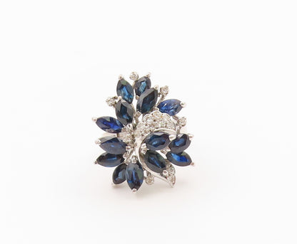 925 Sterling Silver Vintage Ring Real Diamonds Sapphire Flower  Sz 6  RG36602