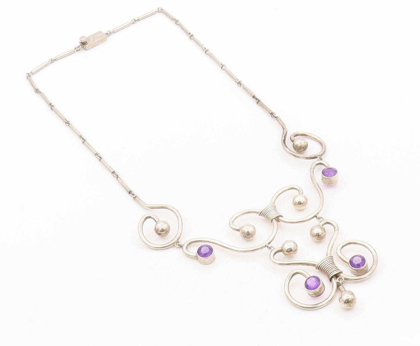 925 Sterling Silver Vintage Necklace MEXICO Amethyst Swirls Cutout  NE4488