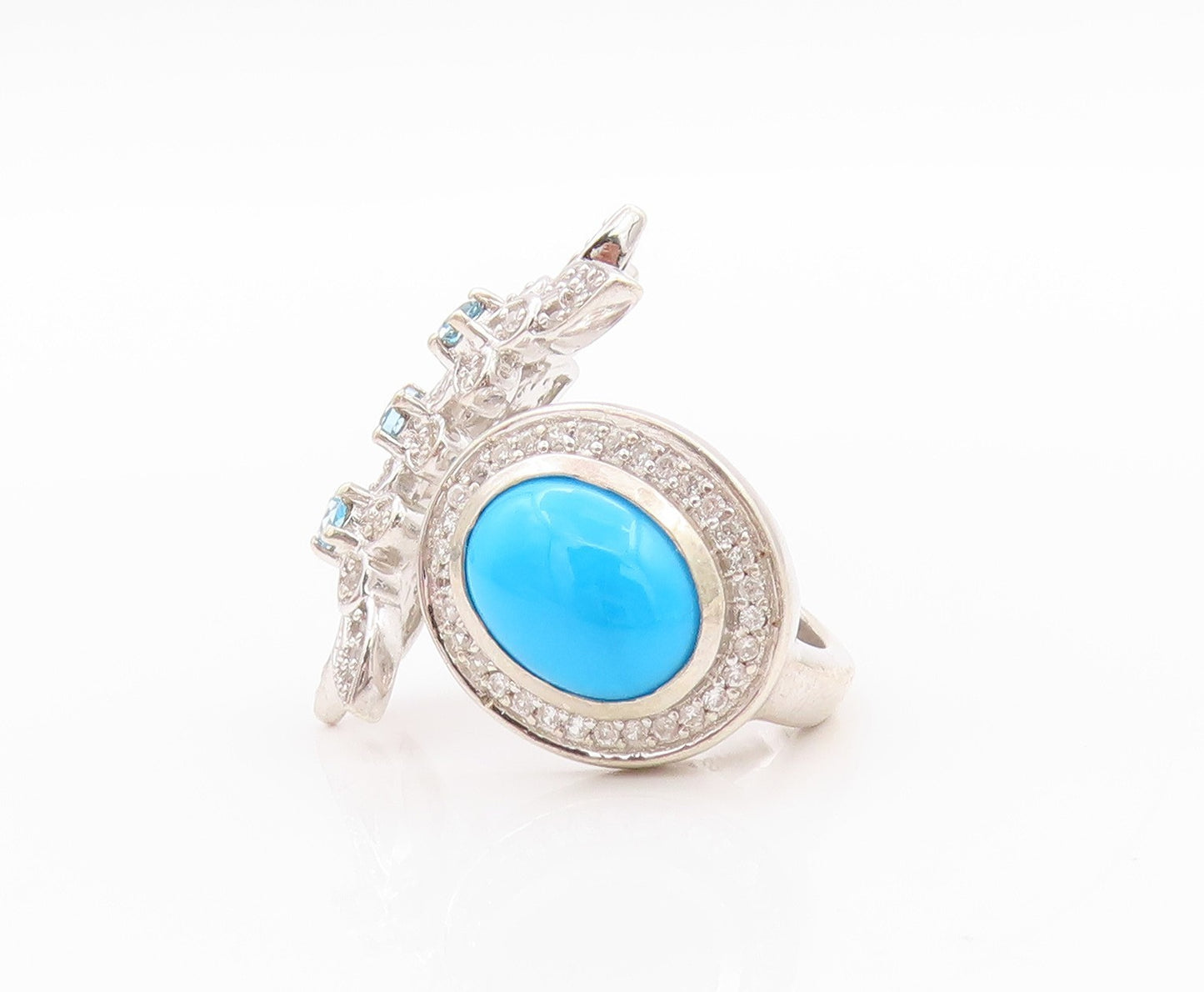 925 Sterling Silver Vintage Ring Designer Larimar & CZ Floral Cut  Sz 6  RG32499