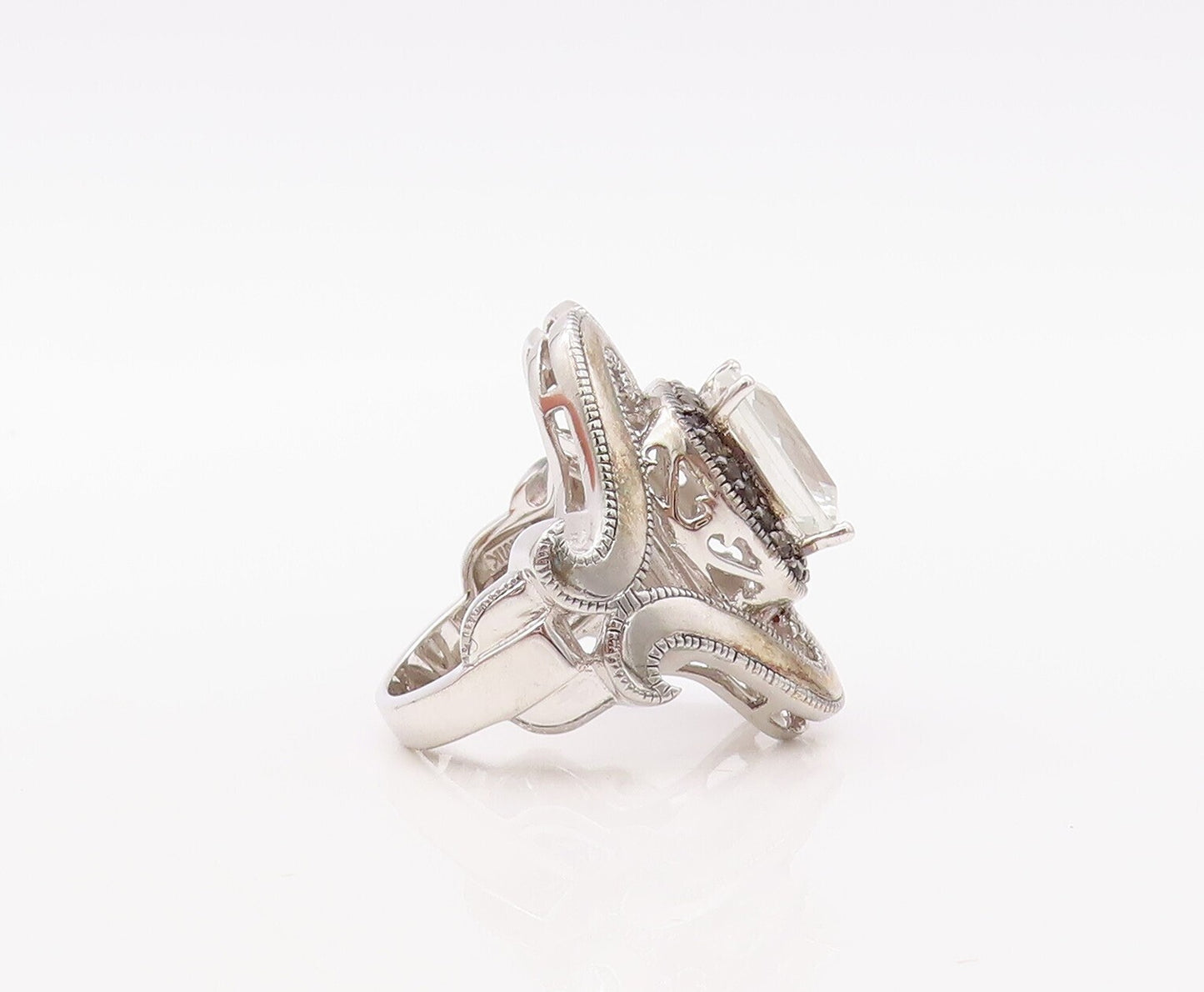 925 Sterling Silver Vintage Ring Designer Swirly Cutout Topaz  Sz 5  RG30565