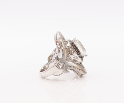 925 Sterling Silver Vintage Ring Designer Swirly Cutout Topaz  Sz 5  RG30565