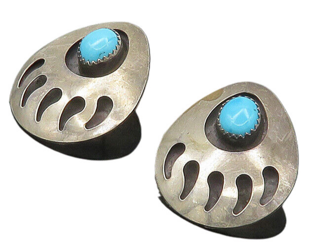 NAVAJO 925 Sterling Silver Vintage Turquoise Bear Claw Print Earrings EG9976