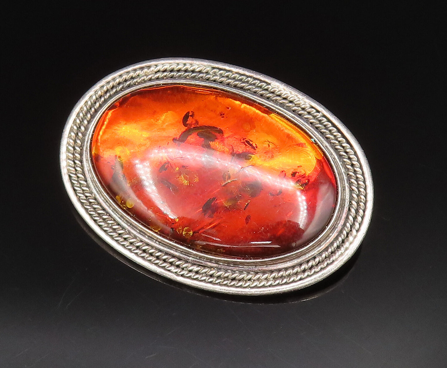 POLAND 925 Silver  Vintage Rope Twist Border Baltic Amber Brooch Pin  BP9557