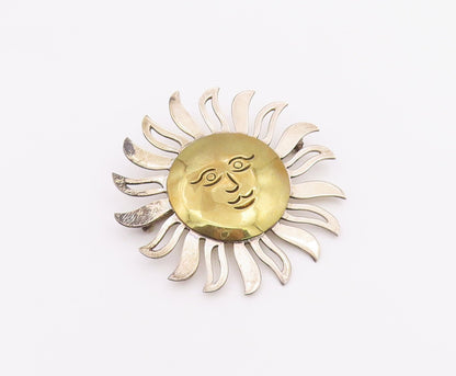 MEXICO 925 Sterling Silver  Vintage Shiny Two Tone Sun Face Brooch Pin  BP7963