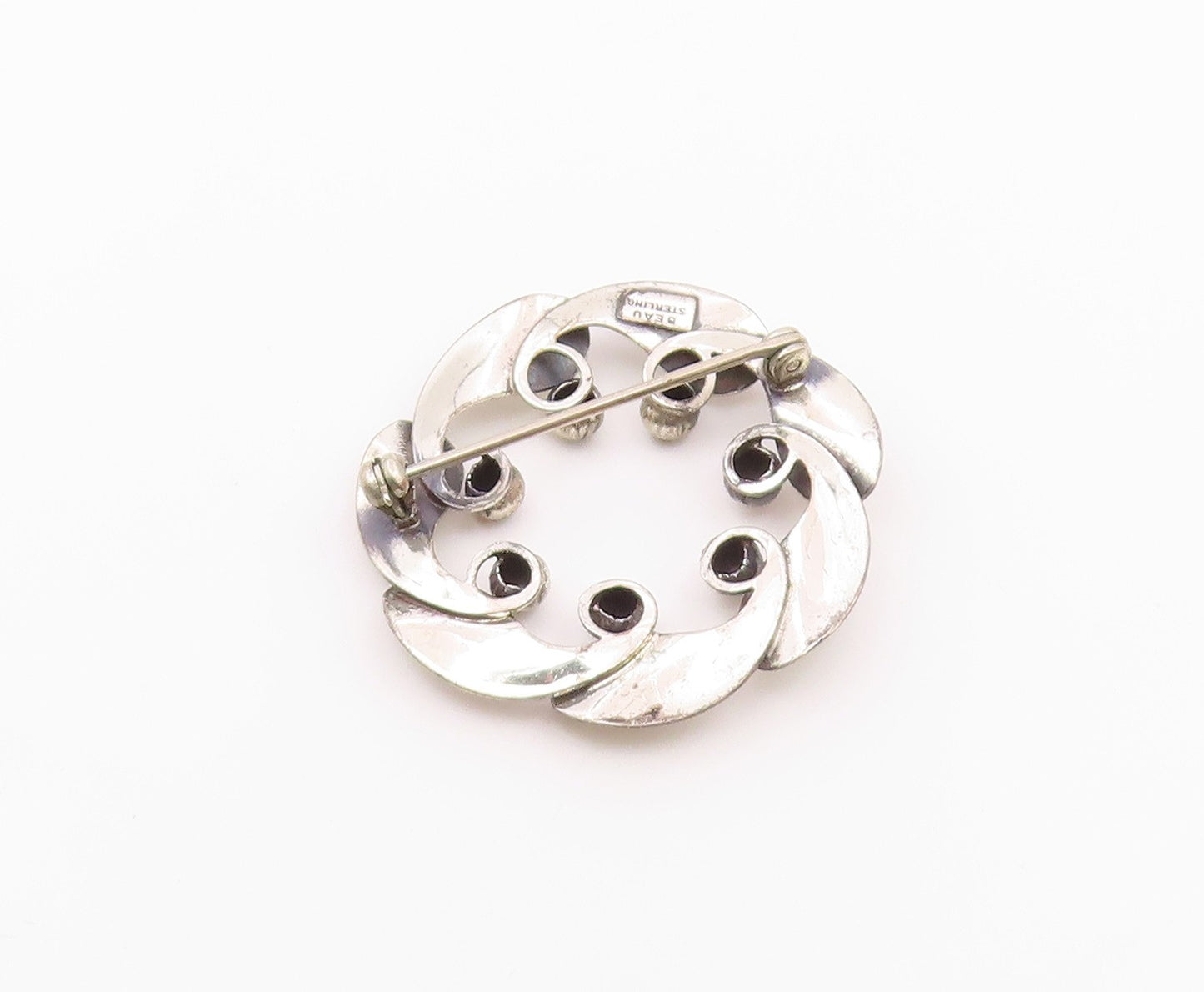 BEAU 925 Sterling Silver  Vintage Modernist Floral Wreath Brooch Pin  BP9198