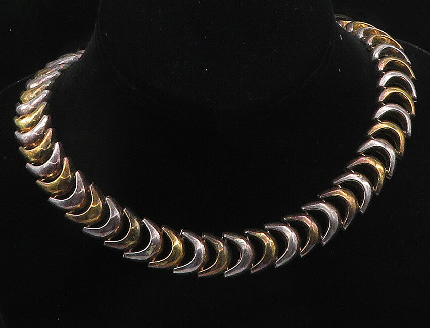 925 Sterling Silver  Vintage Two Tone Crescent Link Chain Necklace  NE3092