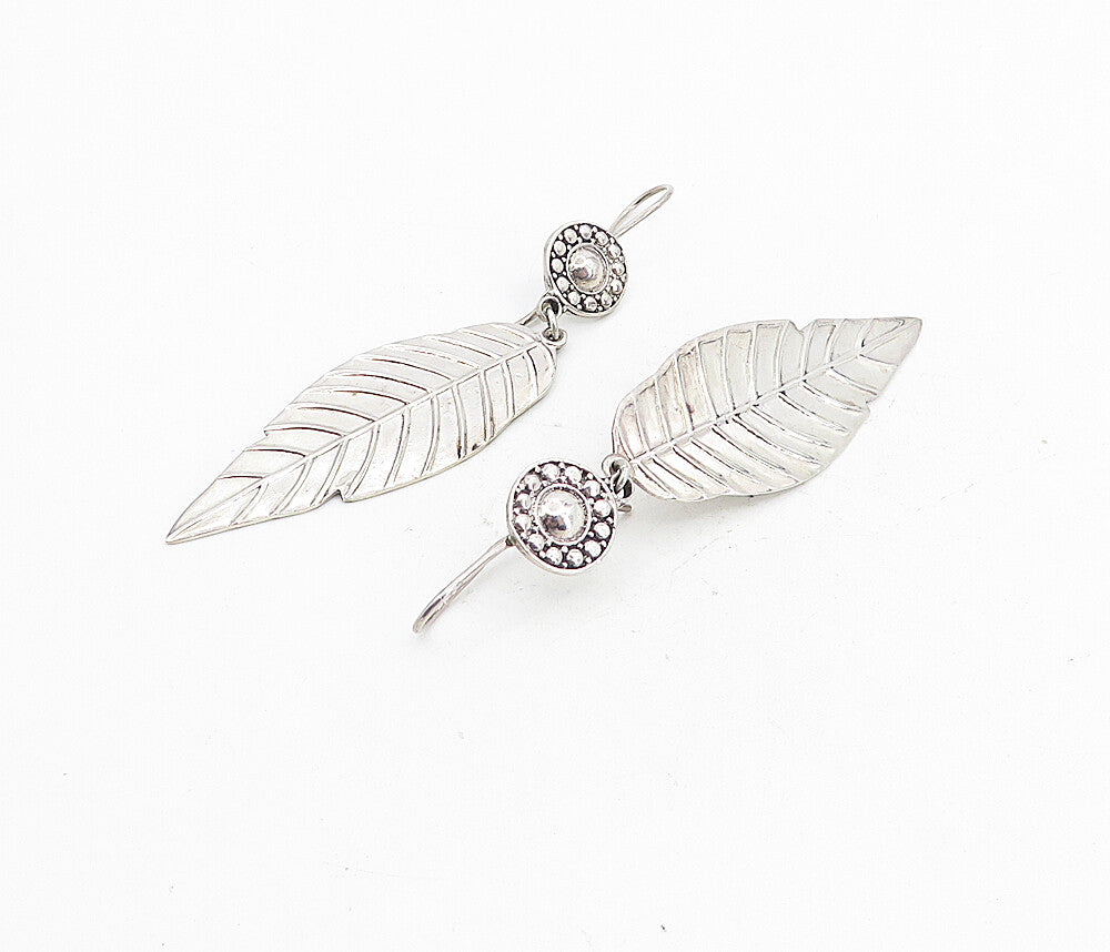 925 Sterling Silver  Vintage Shiny Feather Motif Dangle Earrings  EG4433