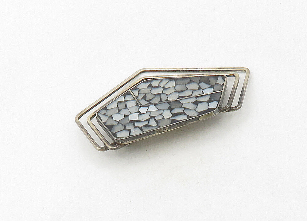 ISRAEL 925 Sterling Silver  Vintage Mother Of Pearl Mosaic Brooch Pin  BP8413