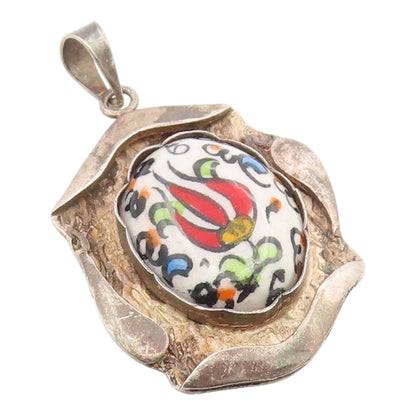 925 Sterling Silver Vintage Pendant Classic Ceramic Tulip Flower Charm  PT26108