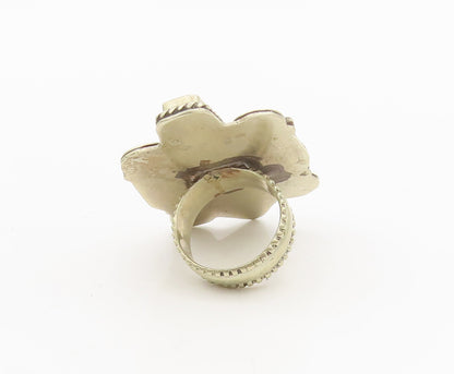 925 Silver  Vintage Large Swirly & beaded Carved Turquoise Ring Sz 8  RG26892