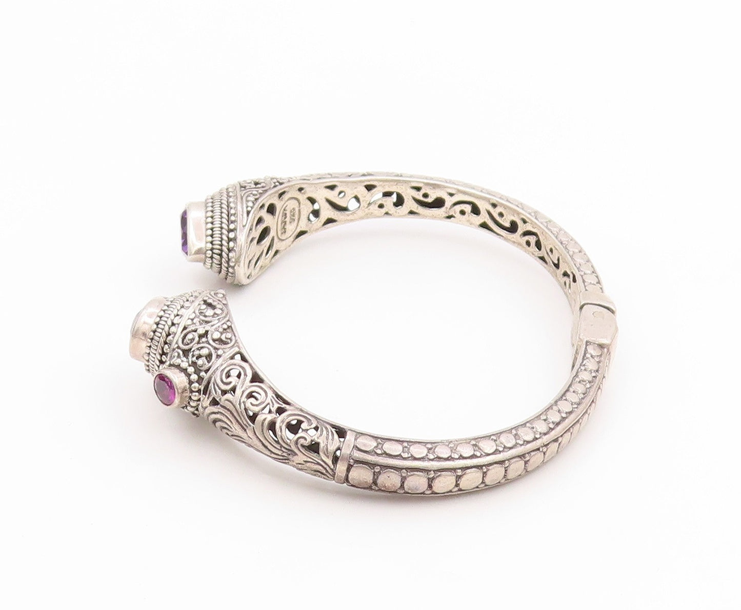 925 Sterling Silver Vintage Bracelet SARDA Amethyst Scrollwork Cuff  BT11768