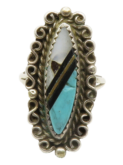 925 Sterling Silver  Vintage Turquoise Swirl Border Cocktail Ring Sz 6.5 RG12788