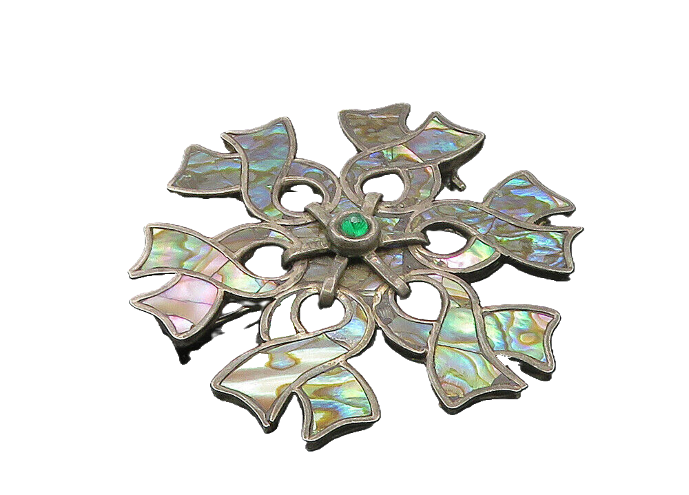 MEXICO 925 Silver  Vintage Abalone Shell Ribbons Flower Brooch Pin  BP3846
