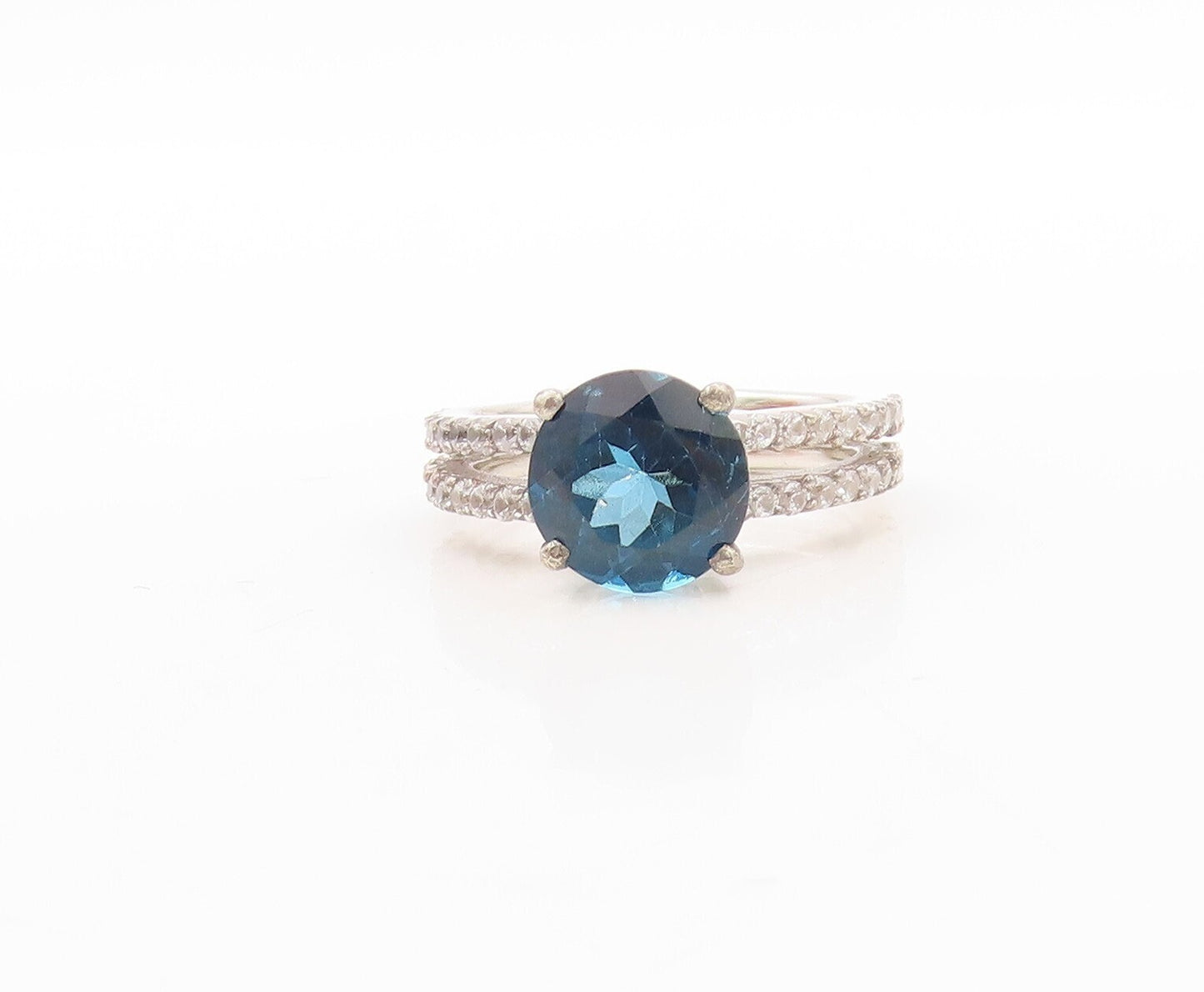 925 Sterling Silver Vintage Ring Round Blue Cutout White Topaz  Sz 7  RG30884