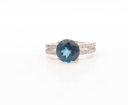925 Sterling Silver Vintage Ring Round Blue Cutout White Topaz  Sz 7  RG30884
