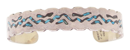 925 Sterling Silver Vintage Bracelet Crushed Turquoise Inlay Zigzag Cuff BT11602