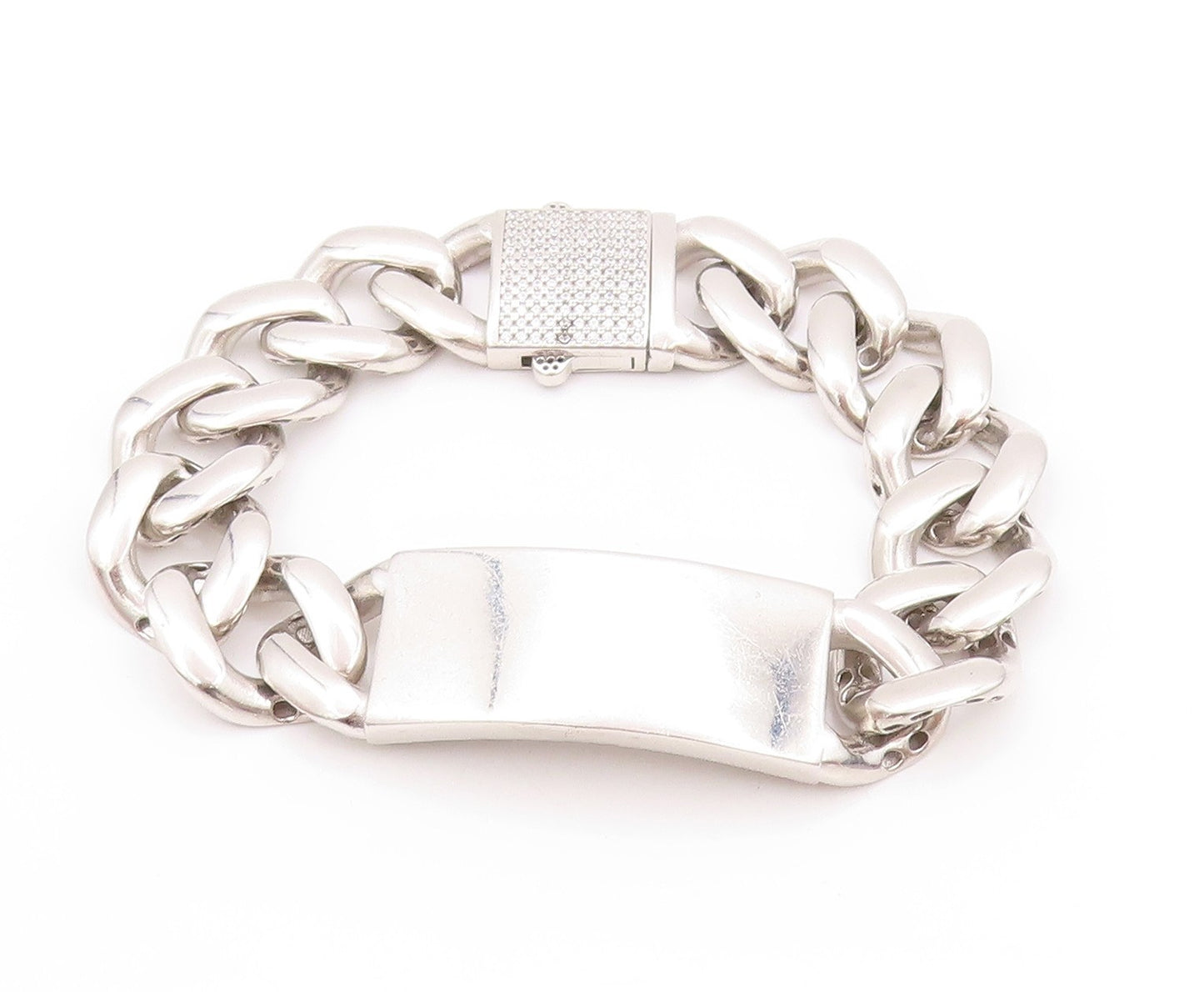 925 Sterling Silver Vintage Bracelet Rectangle Curb Linked Chain CZ Lock BT11260