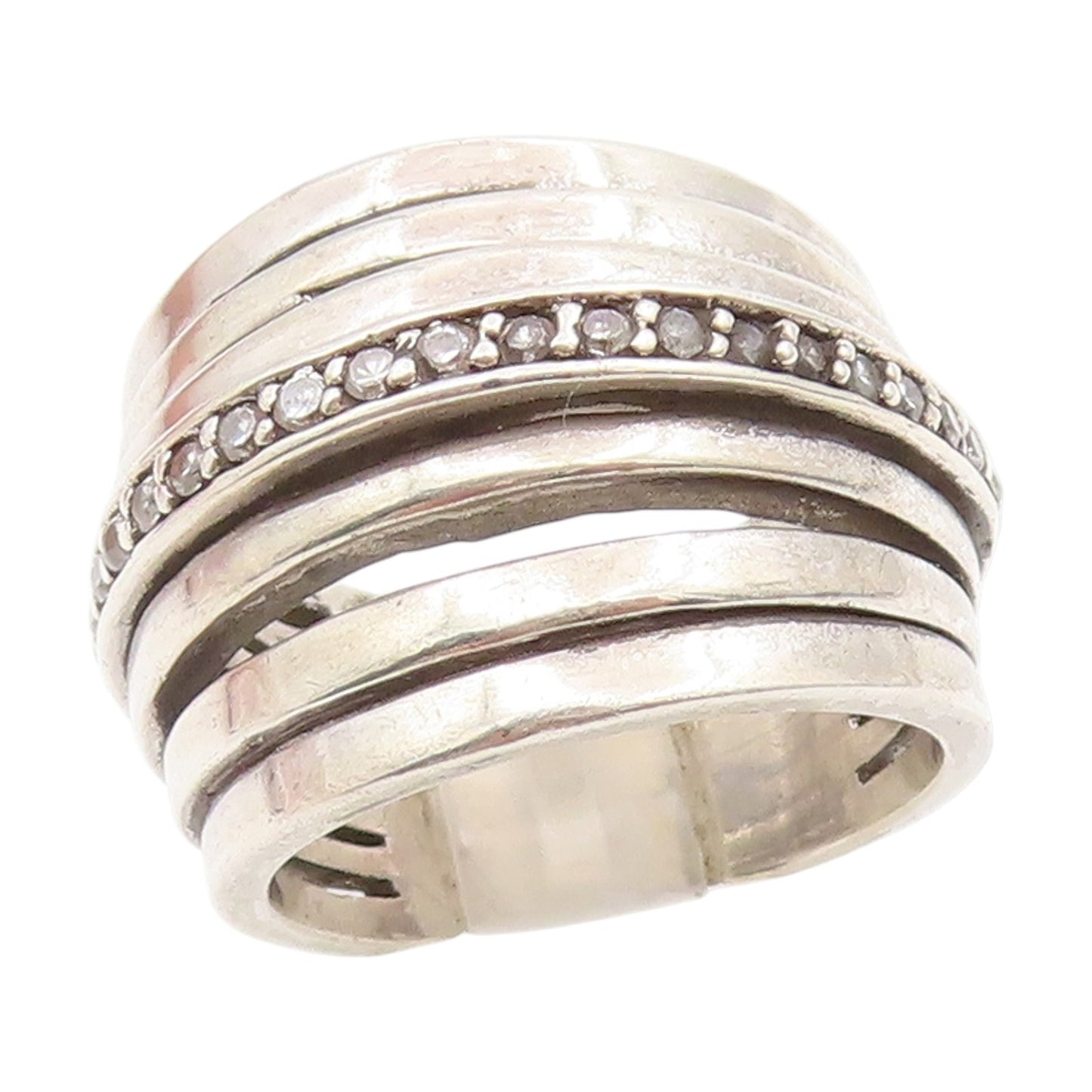 925 Sterling Silver Vintage Ring Round CZ Multi Row Wide Band  Sz 7.5  RG34431