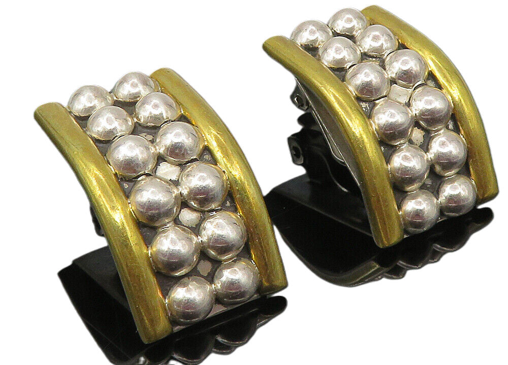 MEXICO 925 Sterling Silver  Vintage 2 Tone Bubble Non Pierce Earrings  EG5846