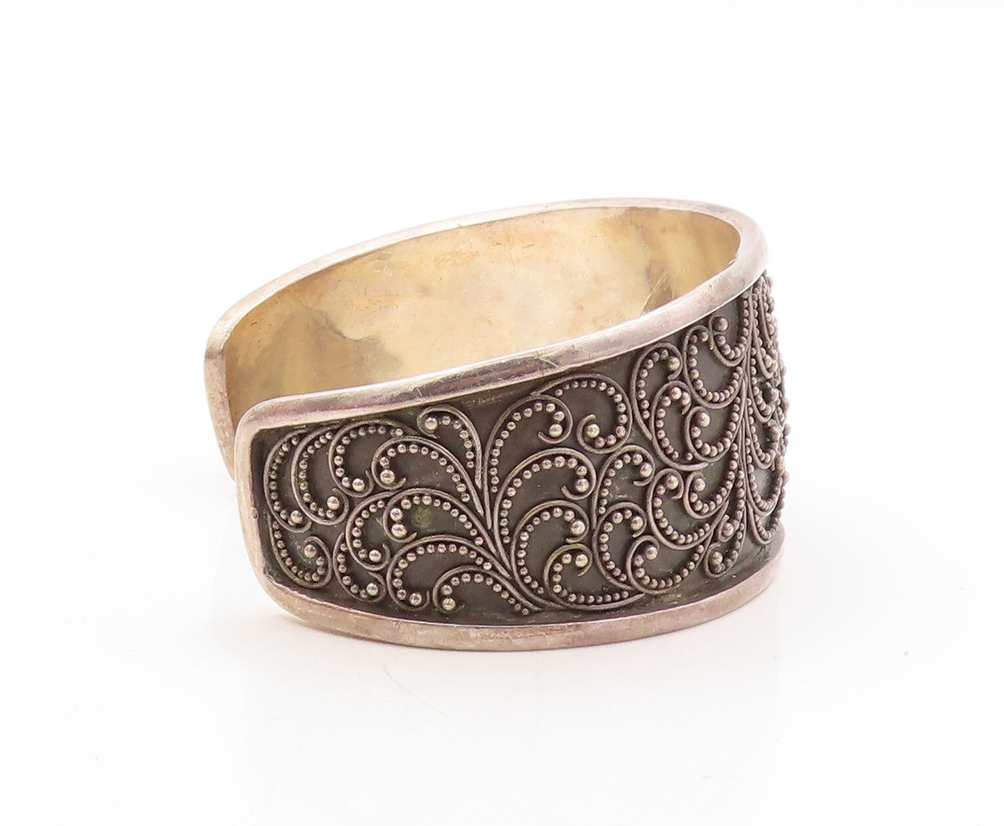 925 Sterling Silver Vintage Bracelet BALI Swirly Beaded Carved Cuff  BT10916