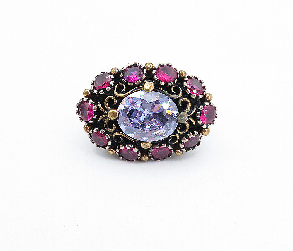 925 Silver  Vintage Purple Cubic Zirconia & Topaz Cocktail Ring Sz 7  RG3570