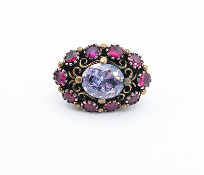 925 Silver  Vintage Purple Cubic Zirconia & Topaz Cocktail Ring Sz 7  RG3570