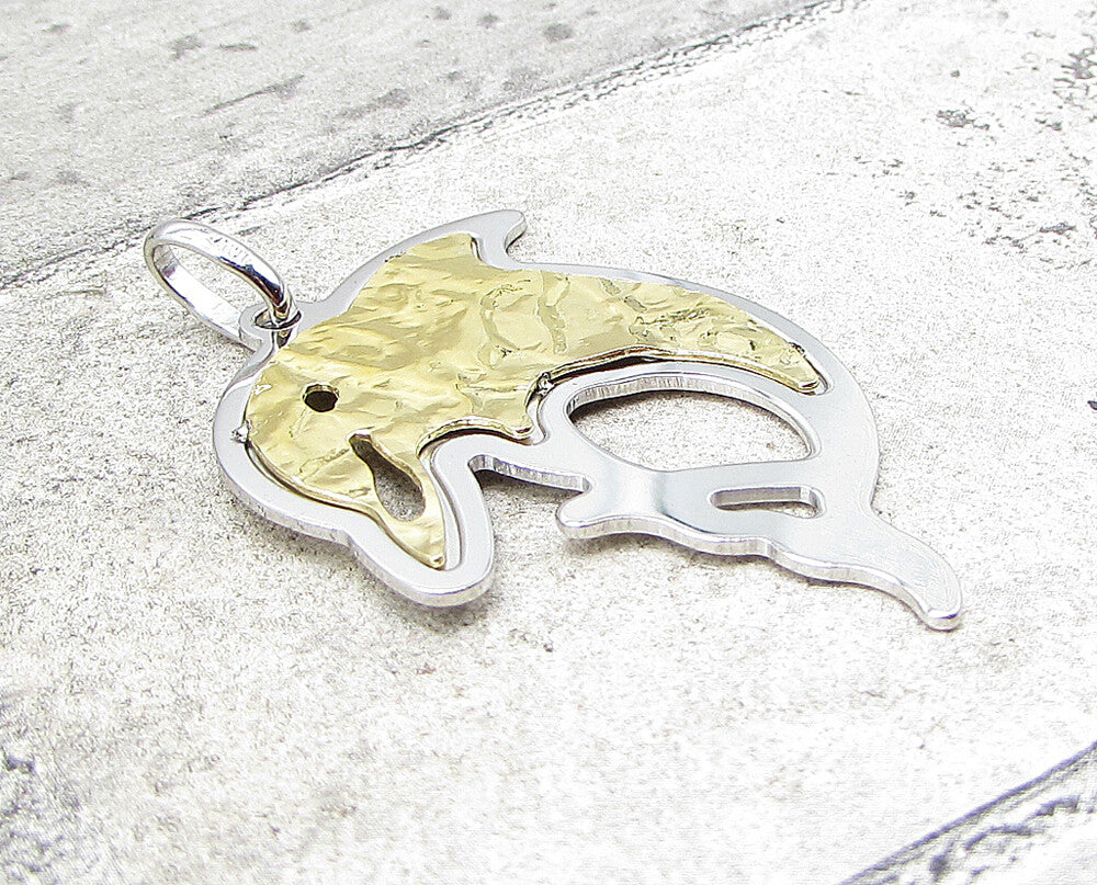 925 Sterling Silver Hammered 2 Tone Jumping Dolphin Drop Pendant PT1439