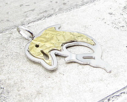 925 Sterling Silver Hammered 2 Tone Jumping Dolphin Drop Pendant PT1439