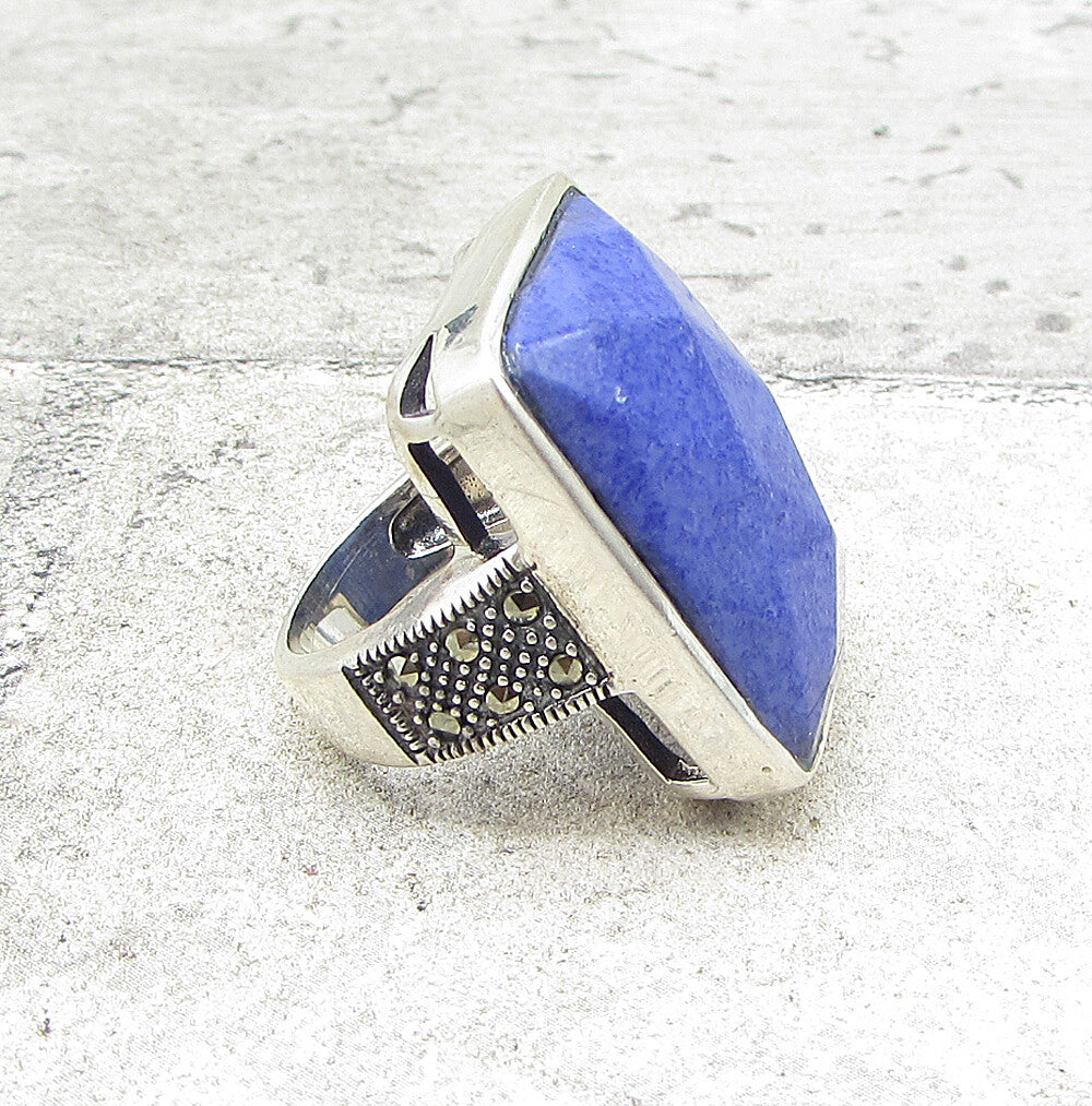925 Sterling Silver  Lapis Lazuli & Marcasite Cocktail Ring Sz 6.5  RG1540