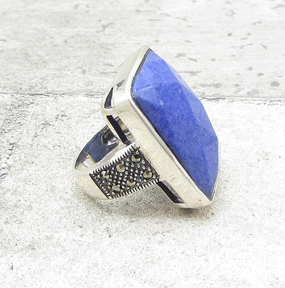 925 Sterling Silver  Lapis Lazuli & Marcasite Cocktail Ring Sz 6.5  RG1540