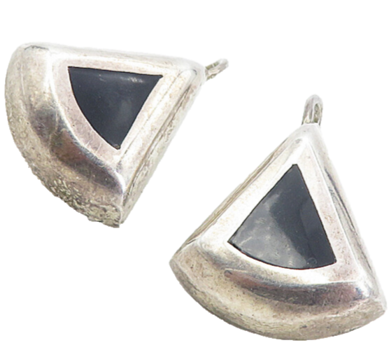 MEXICO 925 Sterling Silver  Vintage Black Onyx Triangle Drop Earrings  EG4033