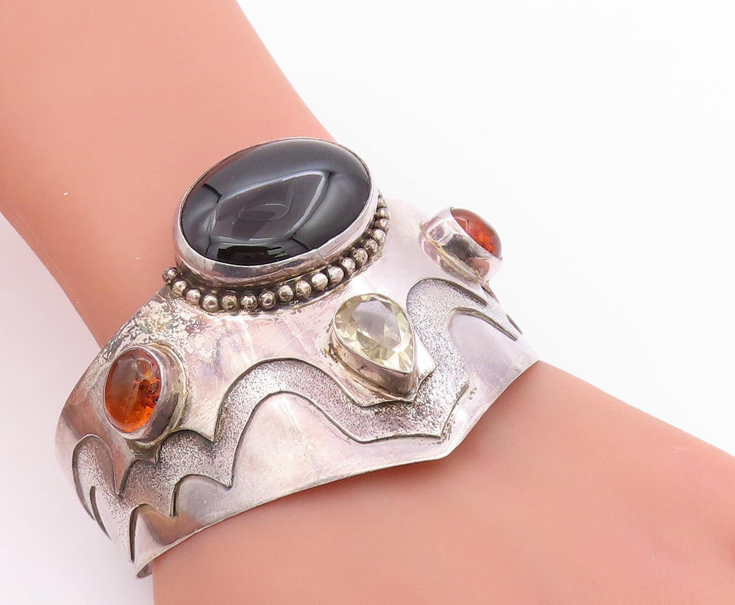 925 Sterling Silver Vintage Bracelet BALI Large Heavy Onyx Amber Topaz  BT11345