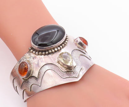 925 Sterling Silver Vintage Bracelet BALI Large Heavy Onyx Amber Topaz  BT11345