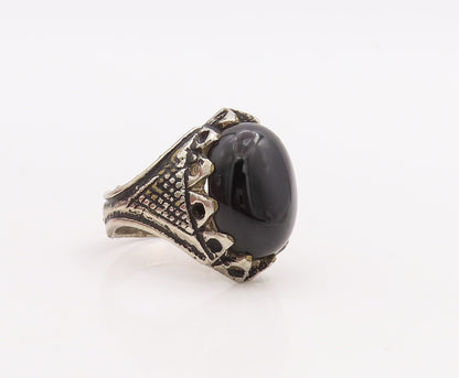 925 Sterling Silver Vintage Ring Large Carved Cabochon Onyx  Sz 11  RG28890